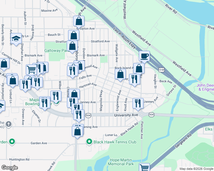 map of restaurants, bars, coffee shops, grocery stores, and more near 2101 Falls Avenue in Waterloo