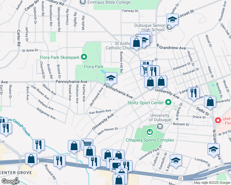 map of restaurants, bars, coffee shops, grocery stores, and more near 2512 Pennsylvania Avenue in Dubuque