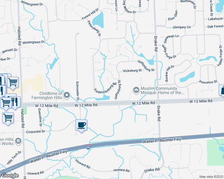 map of restaurants, bars, coffee shops, grocery stores, and more near 36336 Fredericksburg Road in Farmington Hills