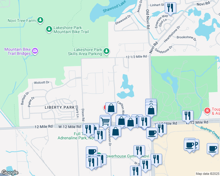map of restaurants, bars, coffee shops, grocery stores, and more near 28305 Carlton Way Drive in Novi