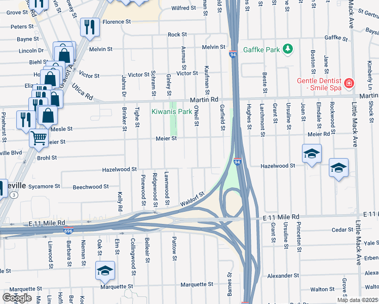 map of restaurants, bars, coffee shops, grocery stores, and more near 27533 O'Neil Street in Roseville
