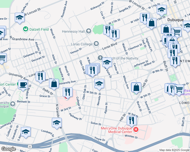 map of restaurants, bars, coffee shops, grocery stores, and more near 955 Nevada Street in Dubuque