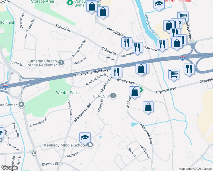map of restaurants, bars, coffee shops, grocery stores, and more near 161 Mishawum Road in Woburn