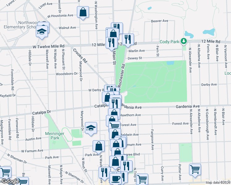 map of restaurants, bars, coffee shops, grocery stores, and more near Crooks Rd & N Main St in Royal Oak