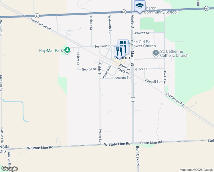 map of restaurants, bars, coffee shops, grocery stores, and more near 122 Pleasant Street in Sharon