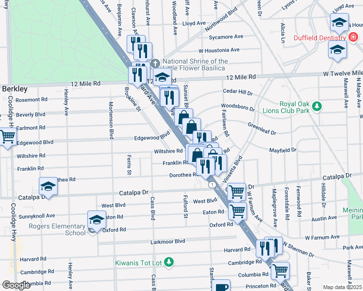 map of restaurants, bars, coffee shops, grocery stores, and more near 28655 Woodward Avenue in Berkley