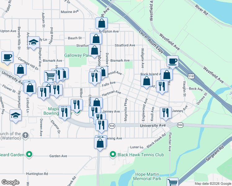 map of restaurants, bars, coffee shops, grocery stores, and more near 605 Hartman Avenue in Waterloo
