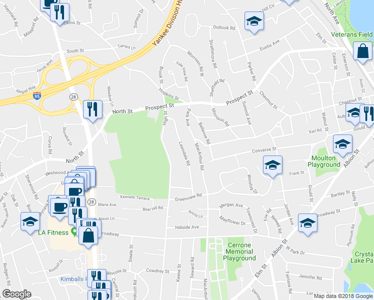 map of restaurants, bars, coffee shops, grocery stores, and more near 24 Lawndale Road in Stoneham