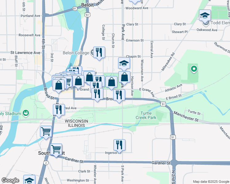 map of restaurants, bars, coffee shops, grocery stores, and more near 822 East Grand Avenue in Beloit