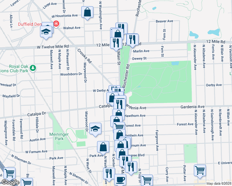 map of restaurants, bars, coffee shops, grocery stores, and more near 1107 Crooks Road in Royal Oak