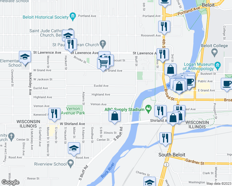 map of restaurants, bars, coffee shops, grocery stores, and more near 503 Highland Avenue in Beloit