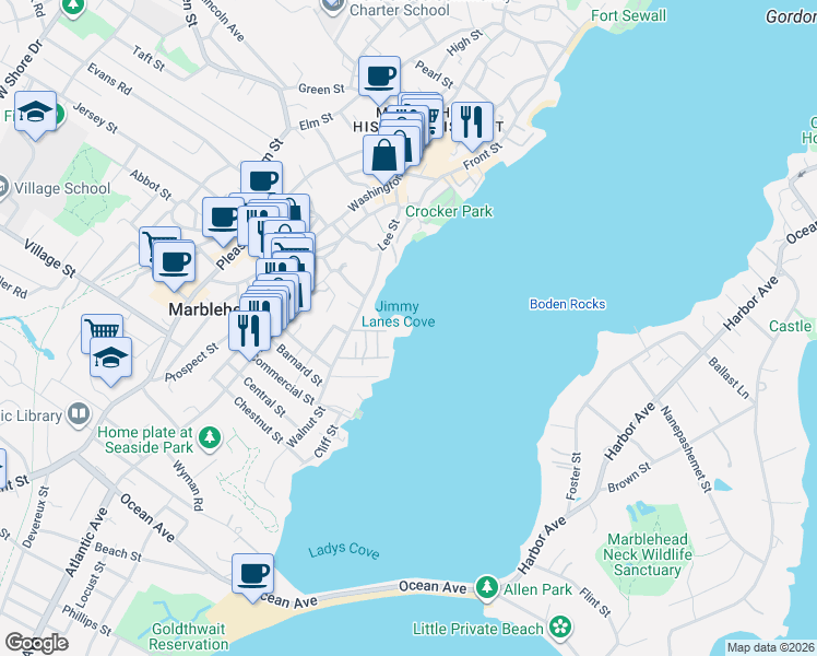 map of restaurants, bars, coffee shops, grocery stores, and more near Skinners Path in Marblehead