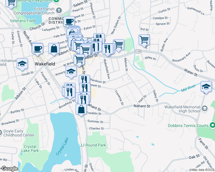 map of restaurants, bars, coffee shops, grocery stores, and more near 33 Bennett Street in Wakefield