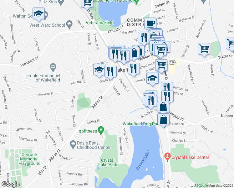 map of restaurants, bars, coffee shops, grocery stores, and more near 16 Lake Street in Wakefield