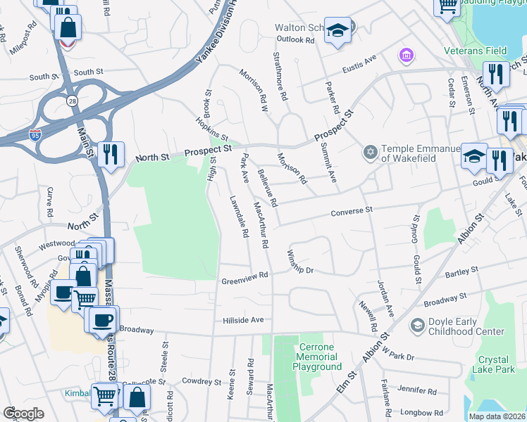 map of restaurants, bars, coffee shops, grocery stores, and more near 54 Park Avenue in Stoneham