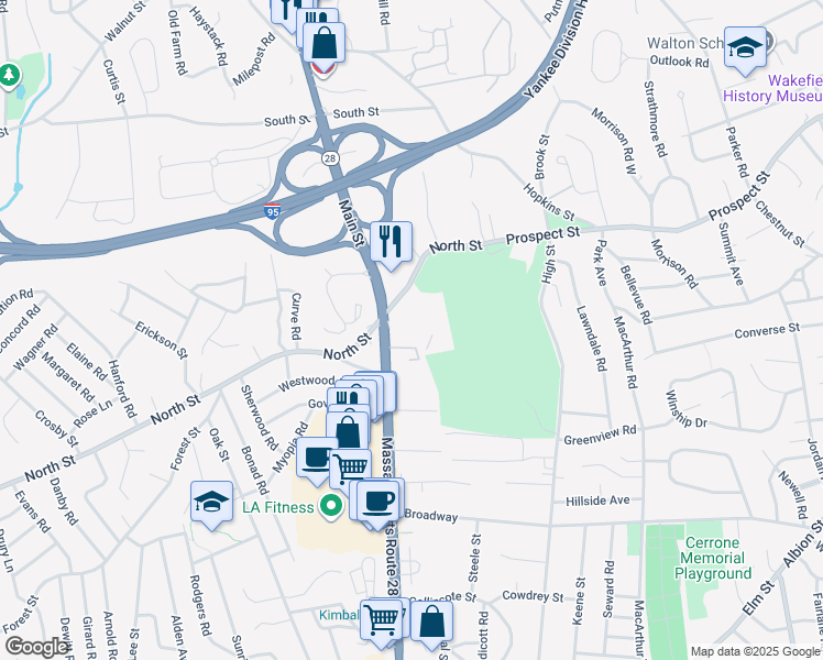 map of restaurants, bars, coffee shops, grocery stores, and more near 44 Leisure Lane in Stoneham