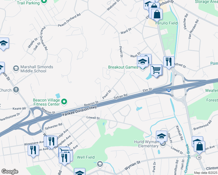 map of restaurants, bars, coffee shops, grocery stores, and more near 8 Westgate Drive in Woburn