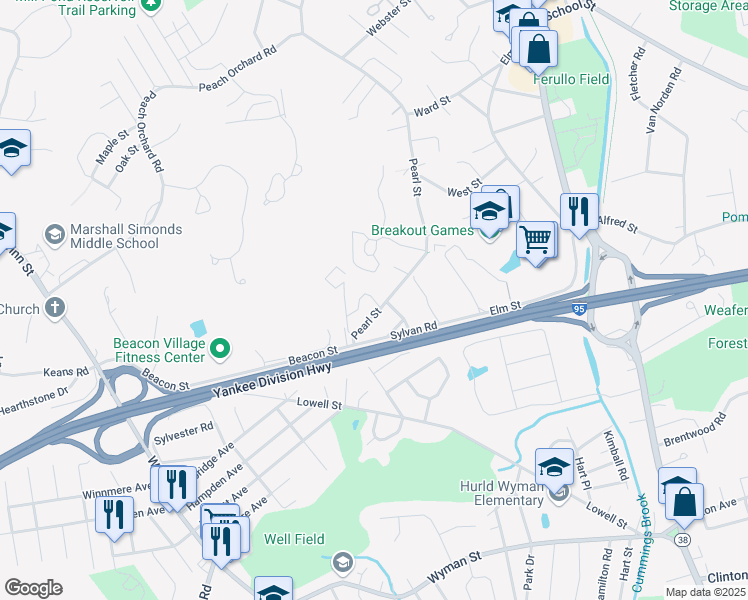 map of restaurants, bars, coffee shops, grocery stores, and more near 105 Westgate Drive in Woburn