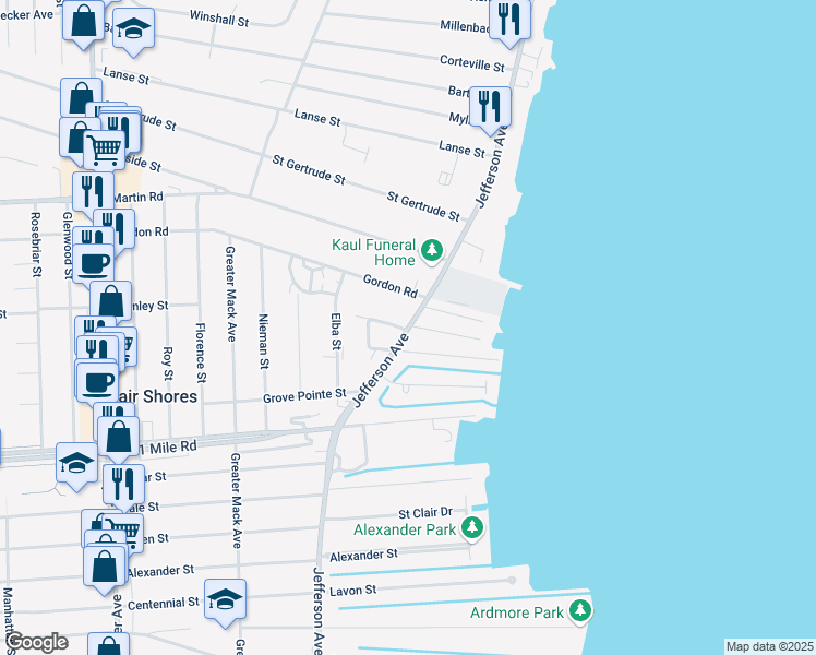 map of restaurants, bars, coffee shops, grocery stores, and more near 22705 Gordon Switch Street in St. Clair Shores