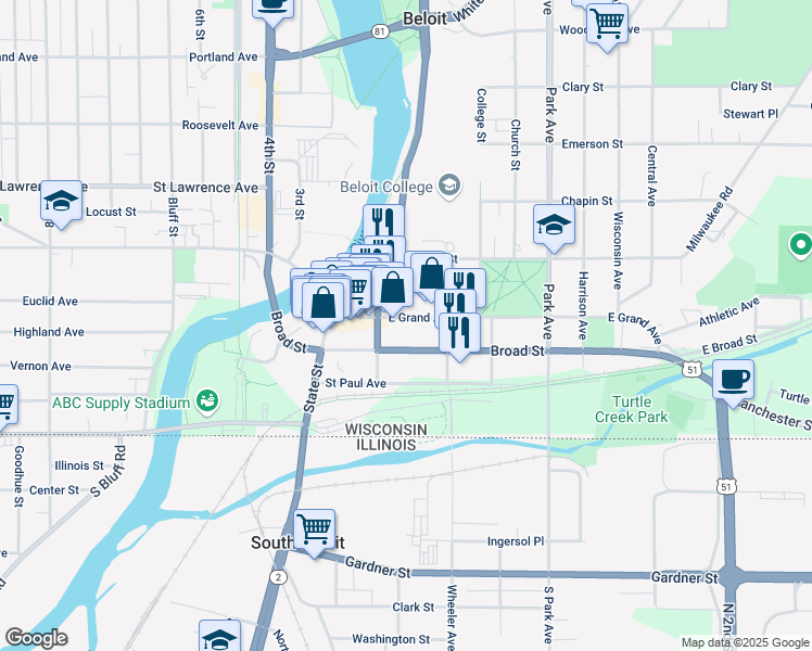 map of restaurants, bars, coffee shops, grocery stores, and more near 524 East Grand Avenue in Beloit