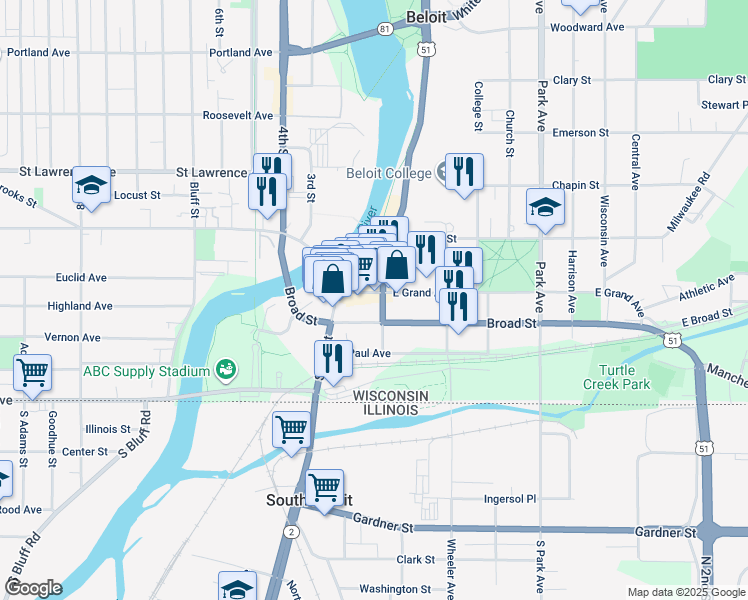 map of restaurants, bars, coffee shops, grocery stores, and more near 444 East Grand Avenue in Beloit