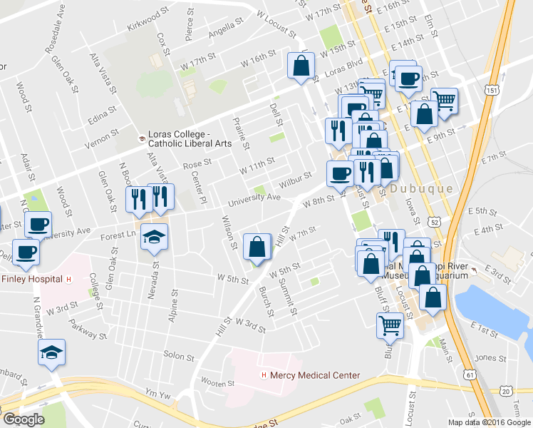 map of restaurants, bars, coffee shops, grocery stores, and more near 651 West 8th Street in Dubuque