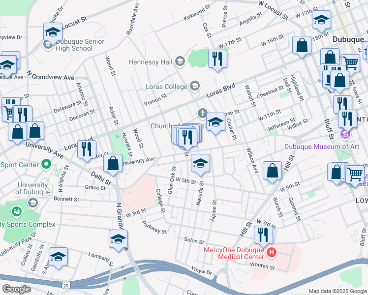 map of restaurants, bars, coffee shops, grocery stores, and more near 935 North Booth Street in Dubuque