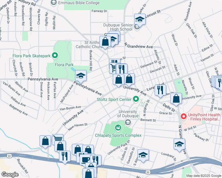 map of restaurants, bars, coffee shops, grocery stores, and more near 2365 University Avenue in Dubuque