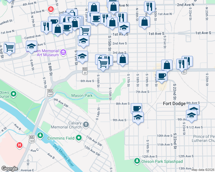 map of restaurants, bars, coffee shops, grocery stores, and more near 609 South 15th Street in Fort Dodge