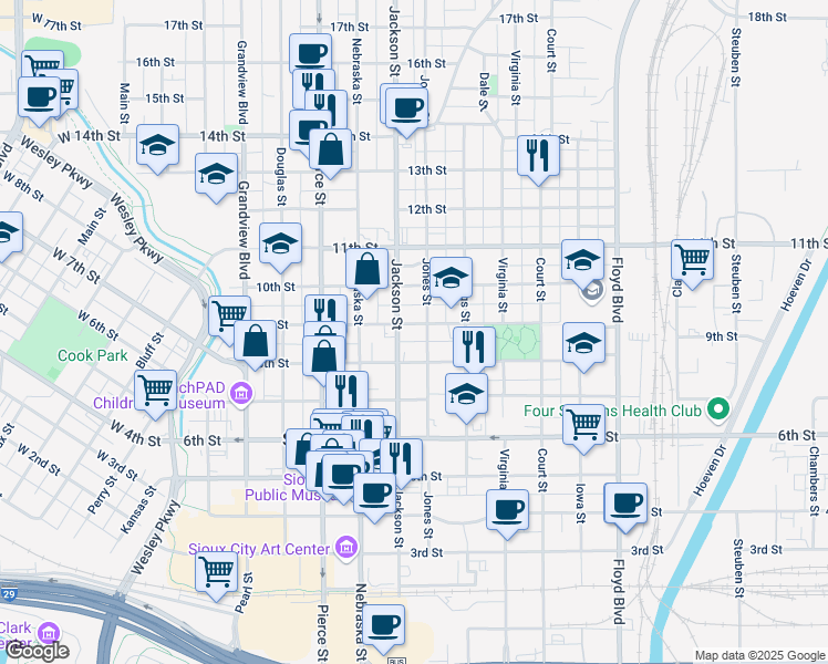 map of restaurants, bars, coffee shops, grocery stores, and more near 821 1/2 Jackson Street in Sioux City