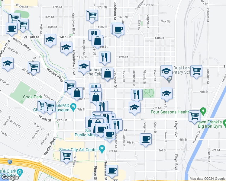map of restaurants, bars, coffee shops, grocery stores, and more near 821 1/2 Jackson Street in Sioux City