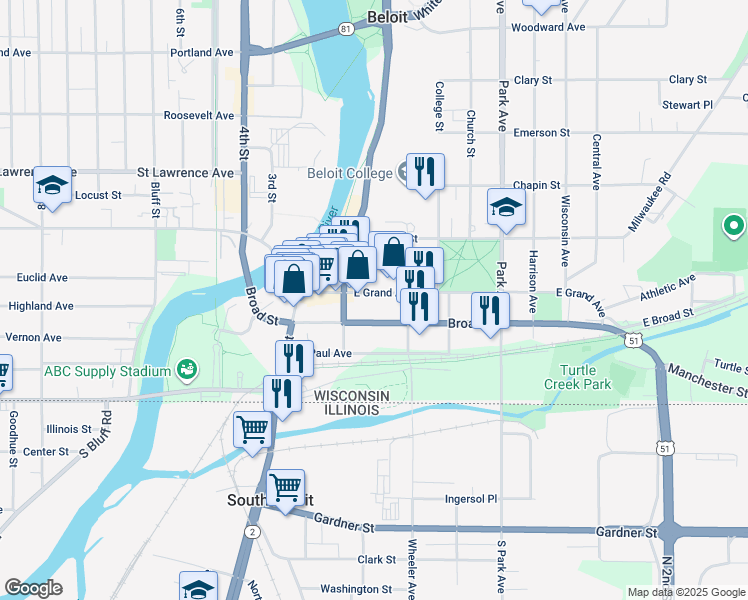 map of restaurants, bars, coffee shops, grocery stores, and more near 524 East Grand Avenue in Beloit
