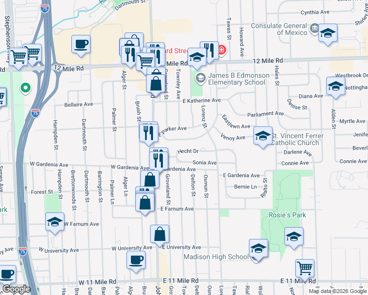 map of restaurants, bars, coffee shops, grocery stores, and more near 255 Hecht Drive in Madison Heights