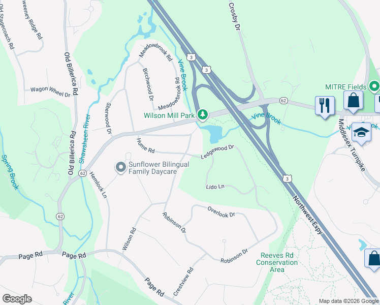 map of restaurants, bars, coffee shops, grocery stores, and more near 111 Wilson Road in Bedford