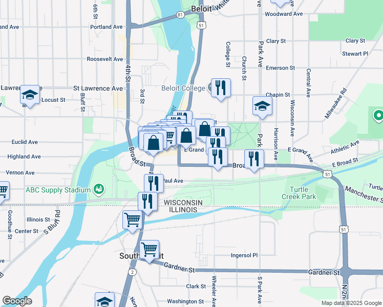 map of restaurants, bars, coffee shops, grocery stores, and more near 524 East Grand Avenue in Beloit