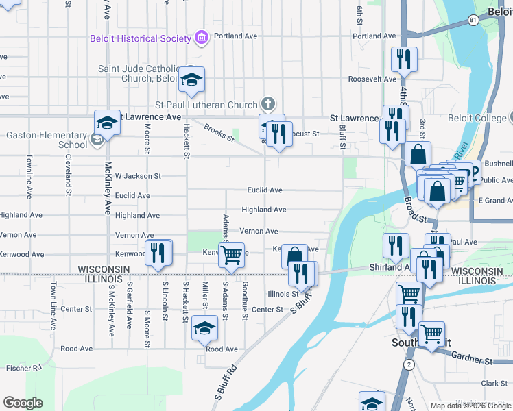 map of restaurants, bars, coffee shops, grocery stores, and more near 723 Highland Avenue in Beloit
