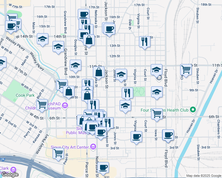 map of restaurants, bars, coffee shops, grocery stores, and more near 821 1/2 Jackson Street in Sioux City