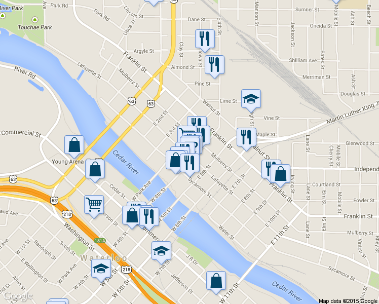 map of restaurants, bars, coffee shops, grocery stores, and more near 519 Lafayette Street in Waterloo