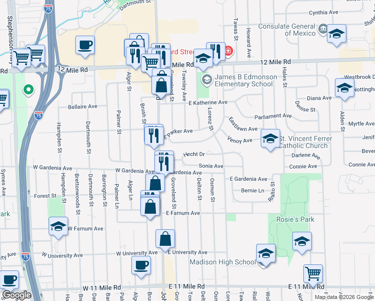 map of restaurants, bars, coffee shops, grocery stores, and more near 255 Hecht Drive in Madison Heights