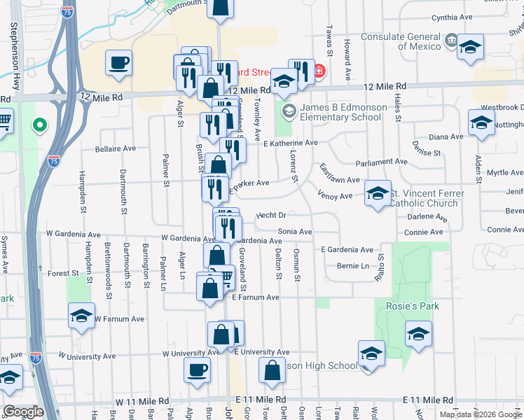 map of restaurants, bars, coffee shops, grocery stores, and more near 255 Hecht Drive in Madison Heights