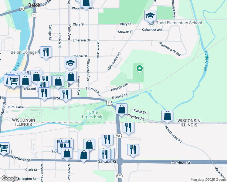 map of restaurants, bars, coffee shops, grocery stores, and more near 1322 Athletic Avenue in Beloit