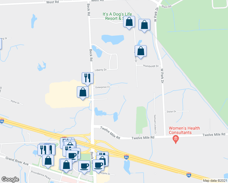 map of restaurants, bars, coffee shops, grocery stores, and more near 46943 Enterprise Court in Wixom