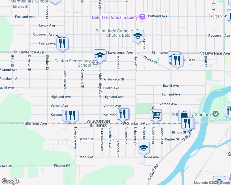 map of restaurants, bars, coffee shops, grocery stores, and more near 1326 Euclid Avenue in Beloit
