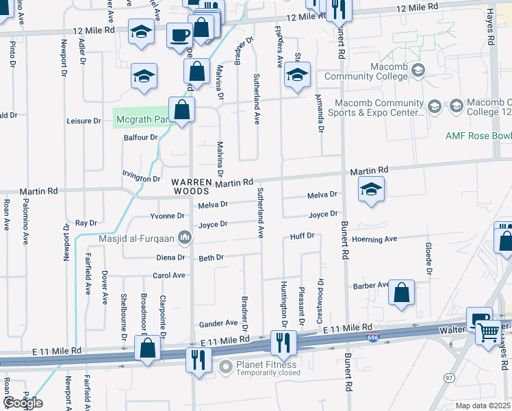 map of restaurants, bars, coffee shops, grocery stores, and more near 27907 Sutherland Avenue in Warren