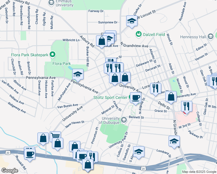 map of restaurants, bars, coffee shops, grocery stores, and more near 2365 University Avenue in Dubuque