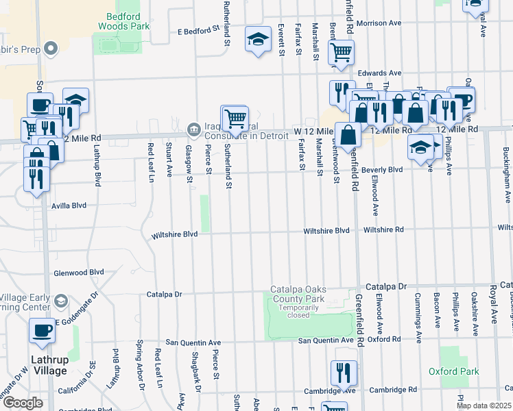 map of restaurants, bars, coffee shops, grocery stores, and more near 28492 Aberdeen Street in Southfield