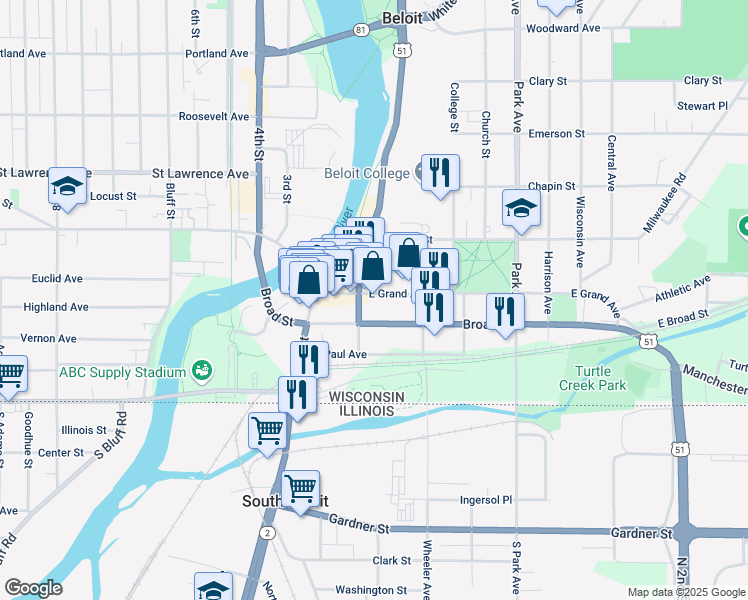 map of restaurants, bars, coffee shops, grocery stores, and more near 512 East Grand Avenue in Beloit