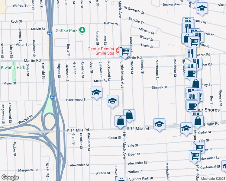 map of restaurants, bars, coffee shops, grocery stores, and more near 28024 Rockwood Street in St. Clair Shores
