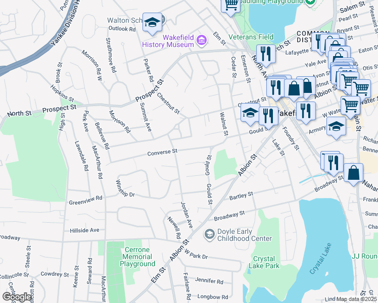map of restaurants, bars, coffee shops, grocery stores, and more near 24 Converse Street in Wakefield