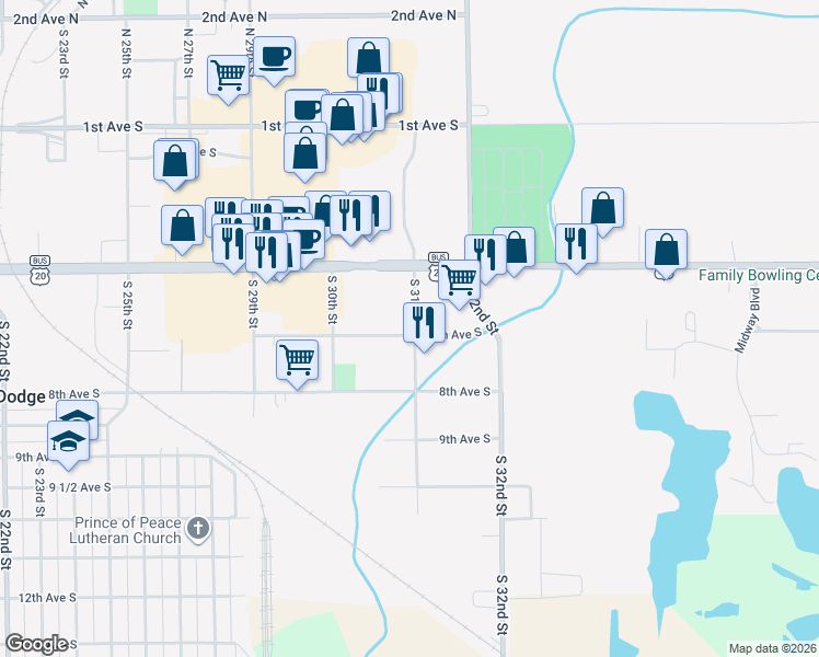 map of restaurants, bars, coffee shops, grocery stores, and more near 524 South 31st Street in Fort Dodge